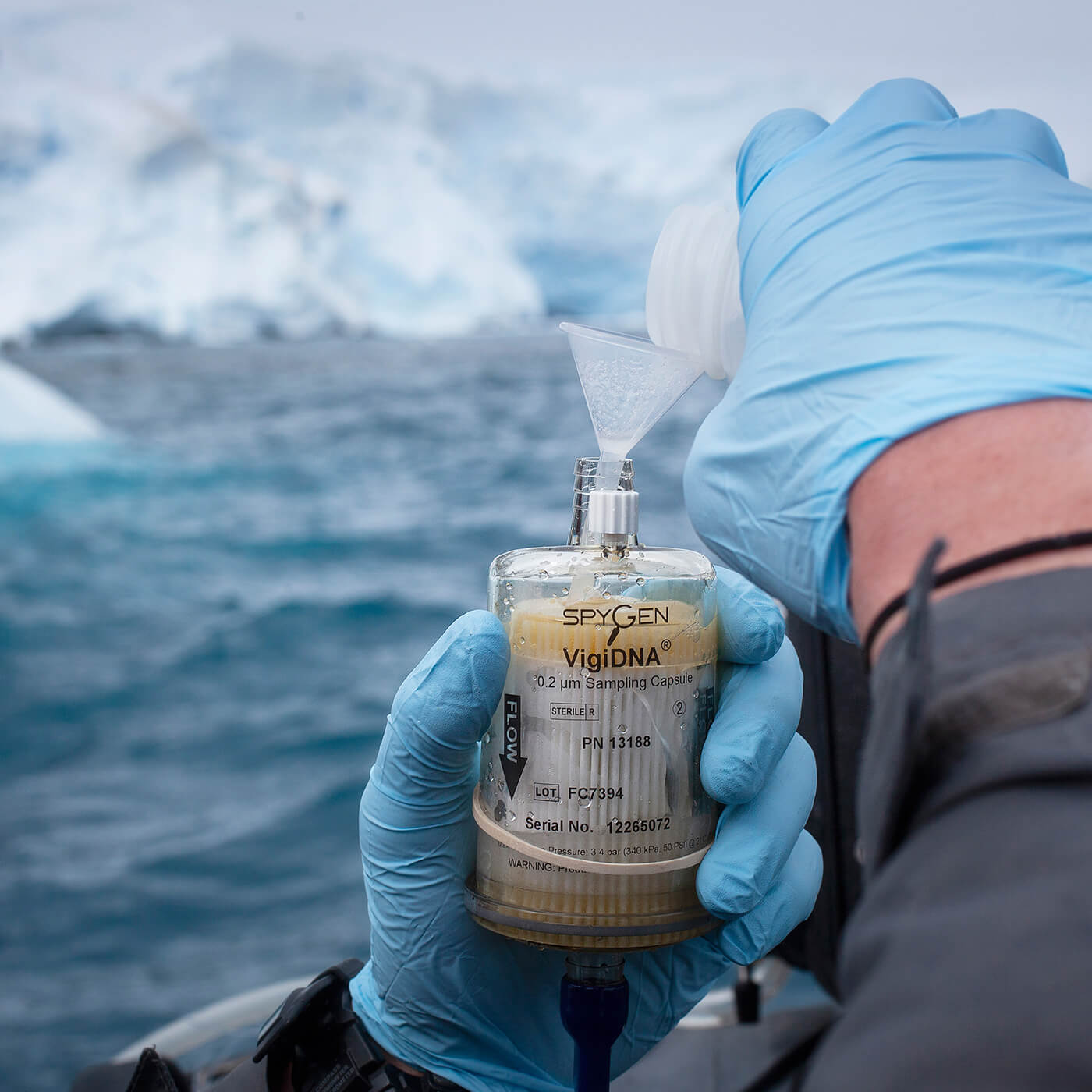 Scientist Nacim Guellati taking a eDNA sample in Antarctica.