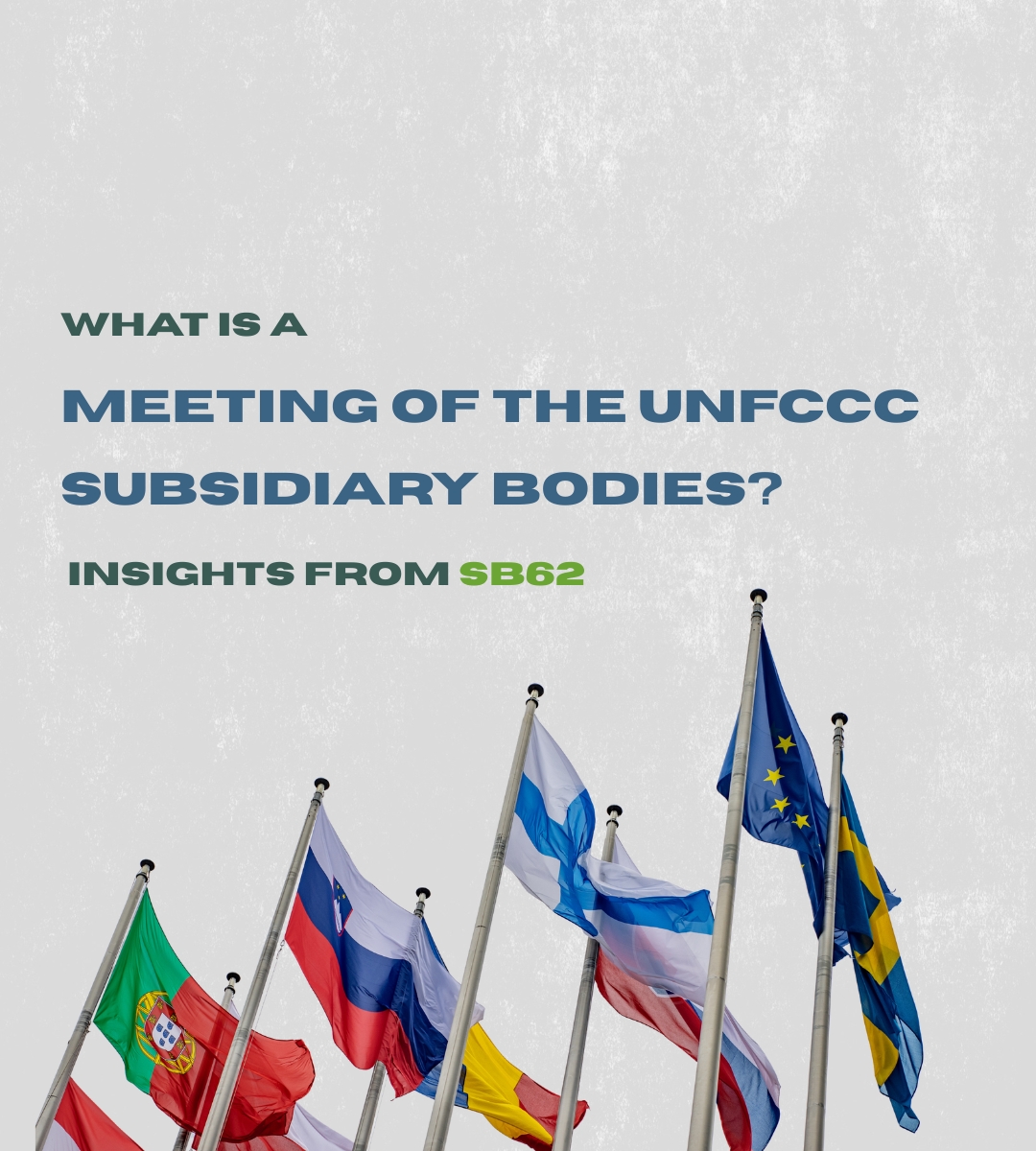 Blog post image showing multiple country flags with title What is a meeting of the UNFCCC Subsidiary Bodies? – Insights from SB62
