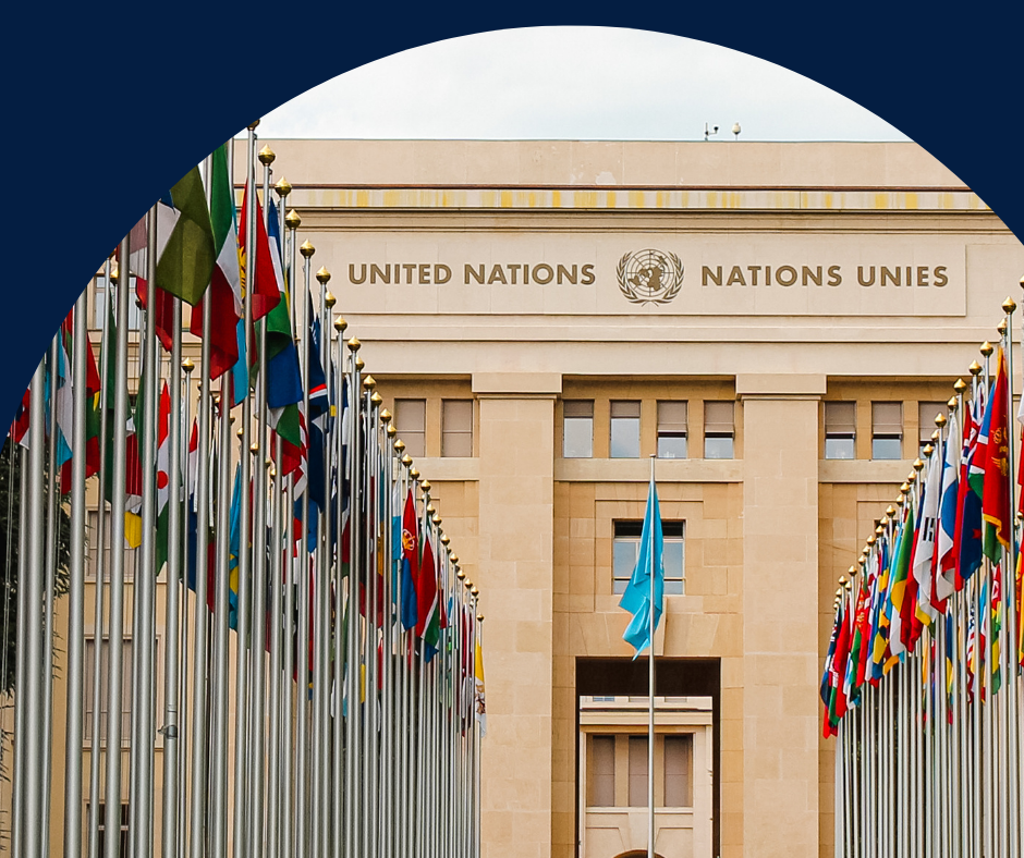 mage of UN building and am avenue of nations flags from around the world